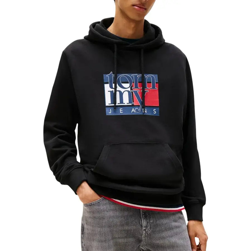 Men’s black hooded sweatshirt with multicolor Tommy Hilfiger logo in organic cotton