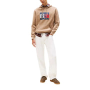 Men’s beige organic cotton hooded sweatshirt with multicolor Tommy Hilfiger logo