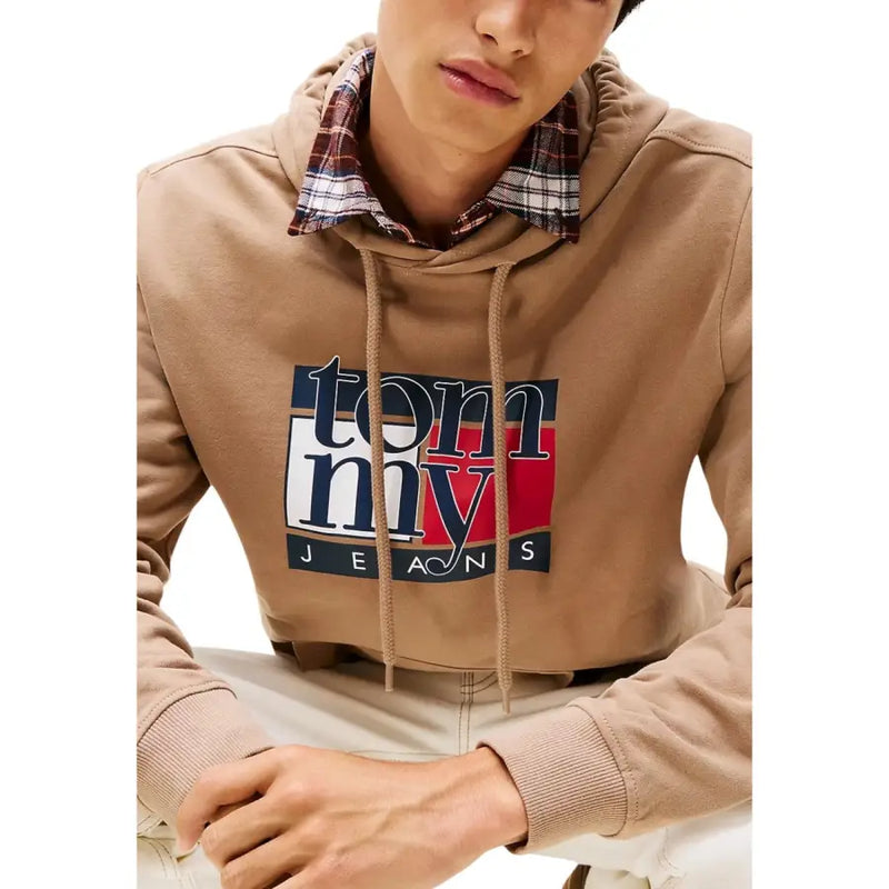 Men’s tan hoodie with plaid collar and Tommy Jeans logo from Tommy Hilfiger