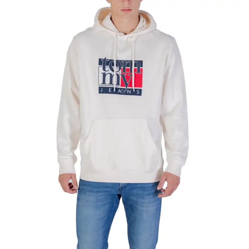 Men’s off-white Tommy Jeans organic cotton hoodie with large logo graphic and pouch pocket
