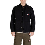 Schwarze Tommy Hilfiger Arbeitsjacke mit Knopfleiste und kleinem Logo-Patch auf der Brust für Herren