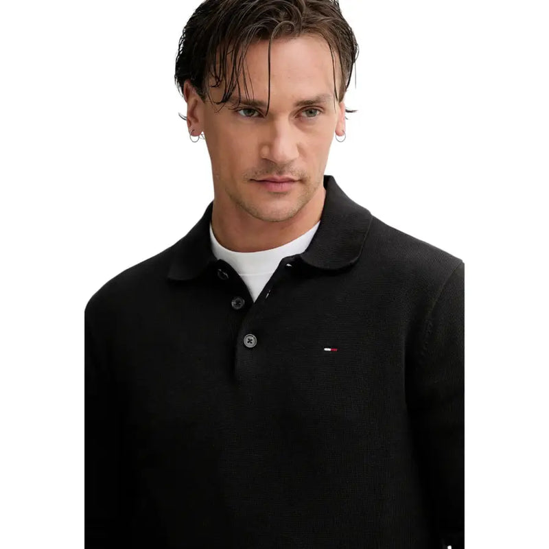 Black textured knit slim polo shirt with small Tommy Hilfiger logo made of organic cotton for men