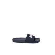 Black tommy hilfiger jeans men slippers in size 2 featuring a rubber slide sandal with logo strap and signature flag design