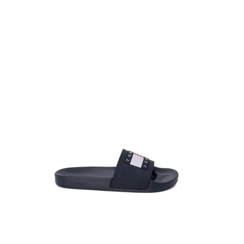 Black tommy hilfiger jeans men slippers in size 2 featuring a rubber slide sandal with logo strap and signature flag design