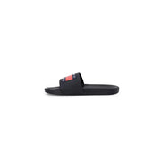 Black tommy hilfiger rubber slide sandal with red and navy logo stripe on foot strap size 2 men’s slippers