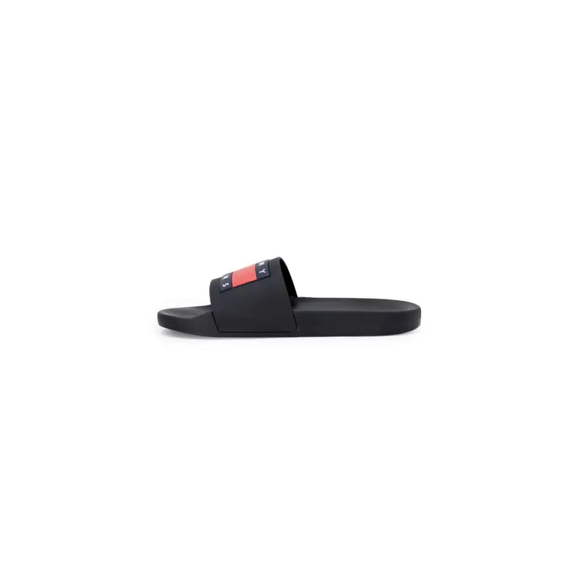 Black tommy hilfiger rubber slide sandal with red and navy logo stripe on foot strap size 2 men’s slippers