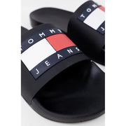 Black tommy hilfiger jeans men’s rubber slide sandals with bold navy white and red logo strap size 2