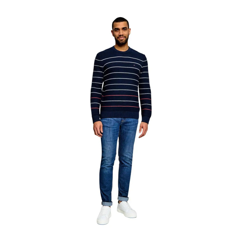 Tommy Hilfiger Jeans men striped blue organic cotton knitwear navy blue sweater with white and red horizontal stripes