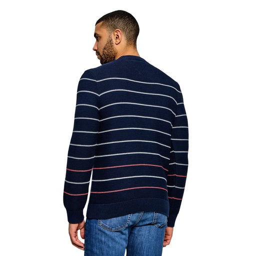 Tommy Hilfiger Jeans men striped navy blue organic cotton knitwear with white and red horizontal stripes and ribbed cuffs