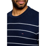 Tommy Hilfiger Jeans men striped blue and white knit sweater made of organic cotton with logo on chest
