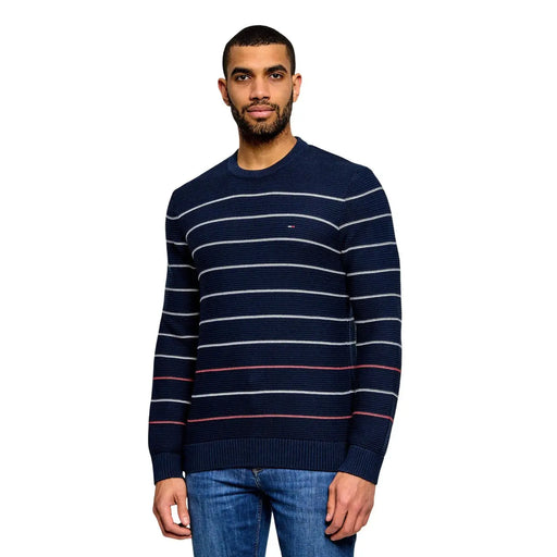 Tommy Hilfiger Jeans men striped navy blue organic cotton sweater with white and red horizontal stripes ribbed crew neck and cuffs