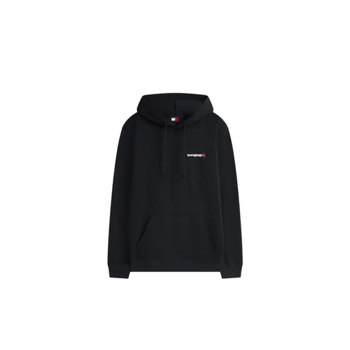 Black tommy hilfiger jeans men sweatshirt with small embroidered logo and matching brand tag made from organic cotton