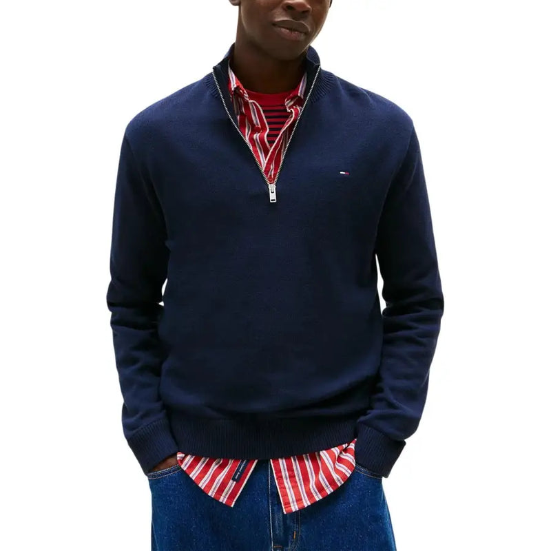 Tommy Hilfiger Jeans men navy blue half-zip sweatshirt with red and white striped inner collar detail