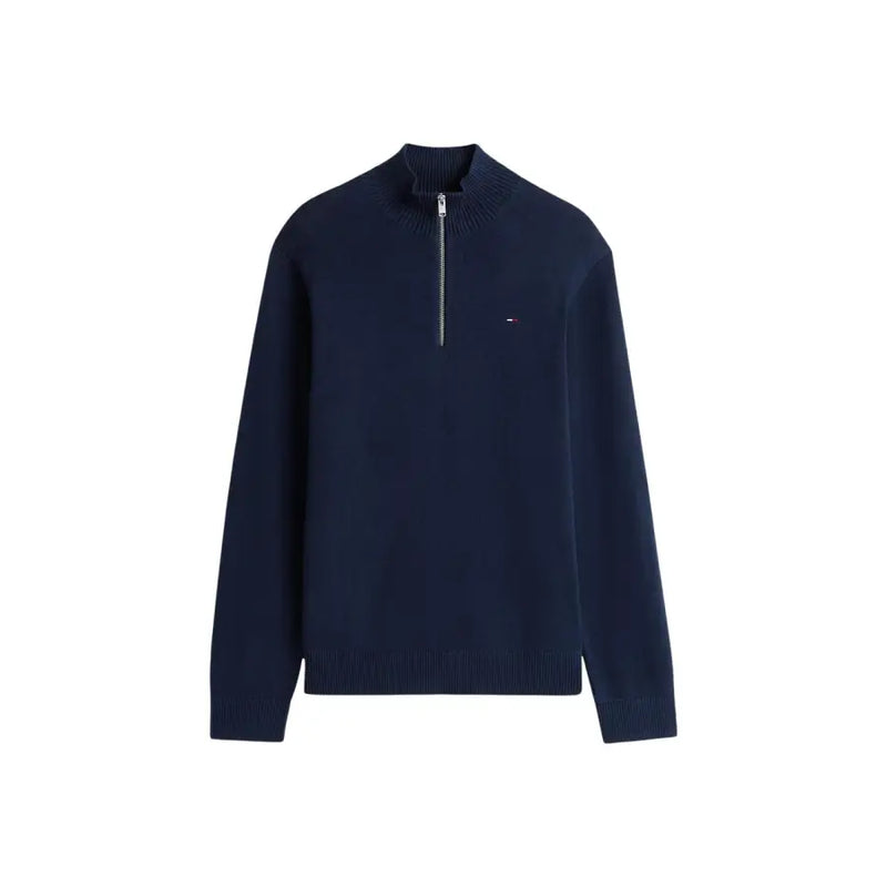Navy blue knit quarter-zip sweater with ribbed cuffs and hem and small logo on left chest by Tommy Hilfiger Jeans
