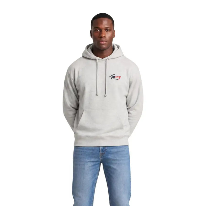 Tommy Hilfiger Jeans men sweatshirts light gray hoodie with small embroidered logo and matching drawstrings