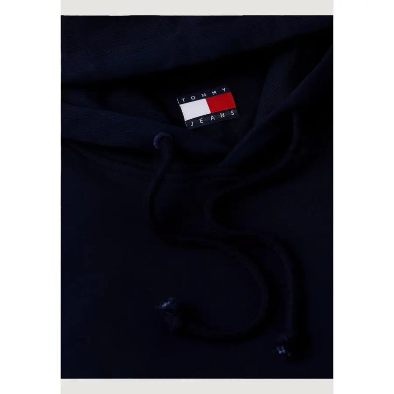 Black tommy hilfiger jeans men sweatshirt hoodie with classic logo patch and drawstrings in cotton material