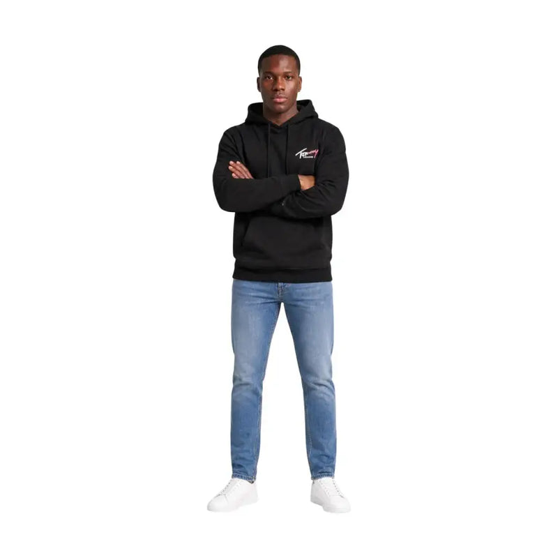 Black Tommy Hilfiger jeans men sweatshirt hoodie with small logo on chest in comfortable cotton material