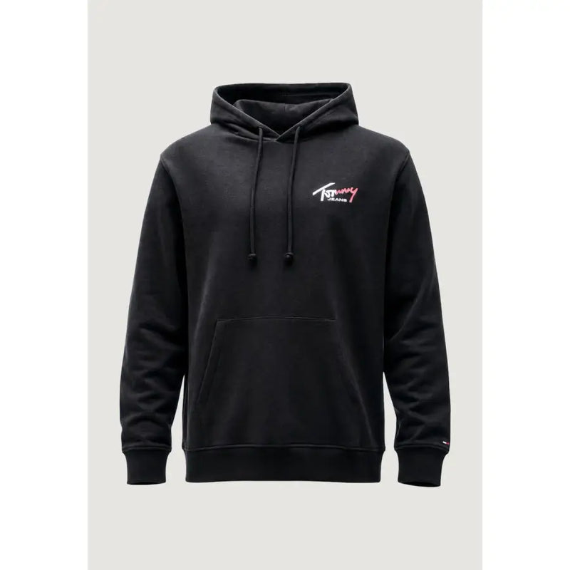 Black tommy hilfiger jeans men sweatshirt hoodie with subtle embroidered logo and matching drawstrings
