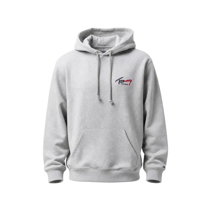 Tommy Hilfiger jeans men sweatshirt in light gray with subtle chest logo and matching drawstrings hoodie design