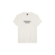Cremefarbenes Tommy Hilfiger Herren-T-Shirt aus beiger Baumwolle mit schwarz-weißem Logoprint auf der Brust