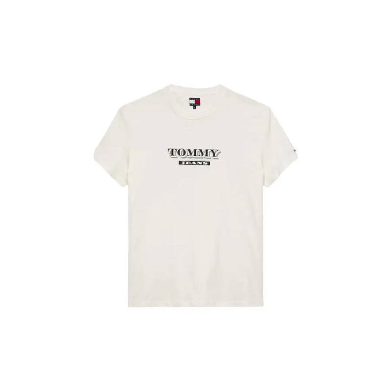 Cremefarbenes Tommy Hilfiger Herren-T-Shirt aus beiger Baumwolle mit schwarz-weißem Logoprint auf der Brust