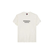 Cream-colored tommy hilfiger jeans men t shirt beige cotton with a black and white logo print across the chest