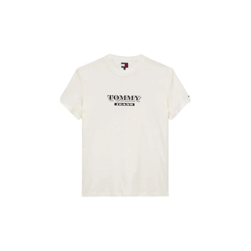 Cream-colored tommy hilfiger jeans men t shirt beige cotton with a black and white logo print across the chest