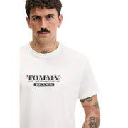 Tommy Hilfiger jeans men t shirt in beige cotton featuring a white tommy jeans t shirt with black and white logo print