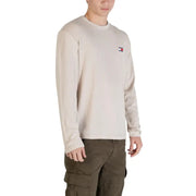 Beiges, langärmeliges Tommy Hilfiger Rundhals-Shirt mit kleinem, gesticktem Logo aus Bio-Baumwolle in Größe S