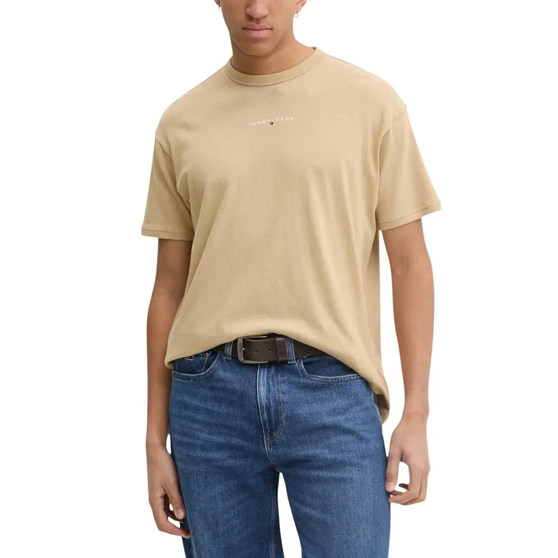 Tommy Hilfiger Jeans beige crewneck t-shirt with subtle white logo on chest for men in casual cotton material