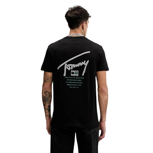 Black tommy hilfiger jeans men t-shirt with white signature logo featuring filmstrip design and city names printed below