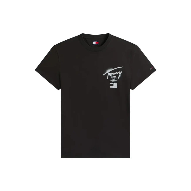 Black tommy hilfiger jeans men t-shirt with white graphic logo on chest and small flag tag at collar