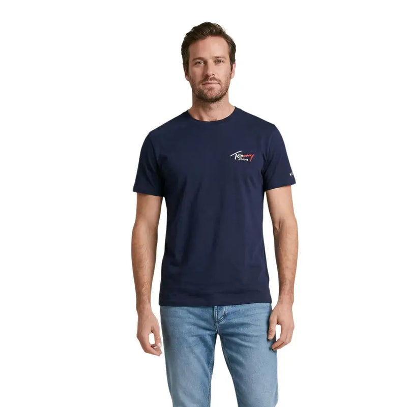 Navy blue Tommy Hilfiger Jeans men t-shirt with small embroidered logo on left chest and sleeve