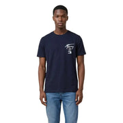 bleu marine Tommy Hilfiger Jeans hommes t-shirt ce modèle à manches courtes arbore un logo blanc imprimé sur la poitrine.