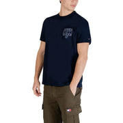 Navy blue Tommy Hilfiger Jeans men t shirt in organic cotton with white embroidered logo and small flag patch on sleeve