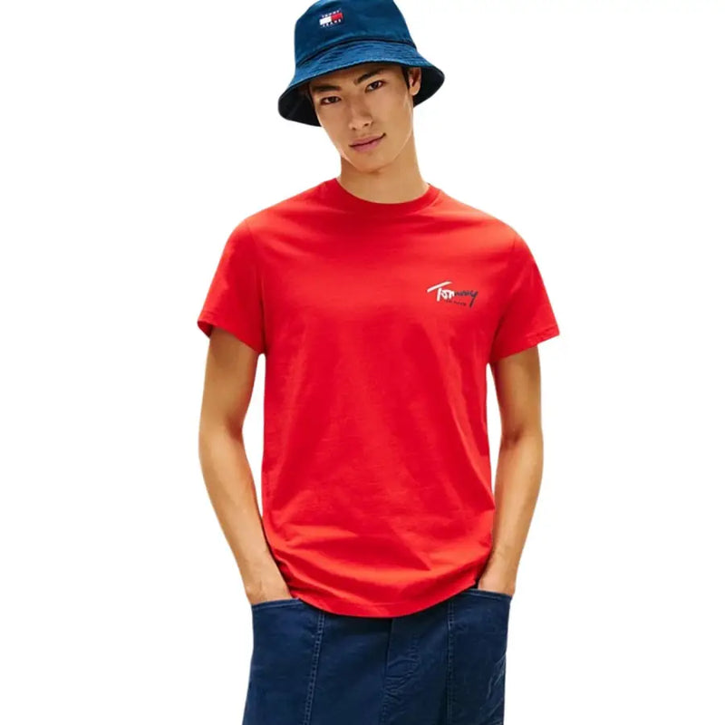 Vibrant red tommy hilfiger short-sleeve t-shirt with subtle embroidered logo made from organic cotton for men