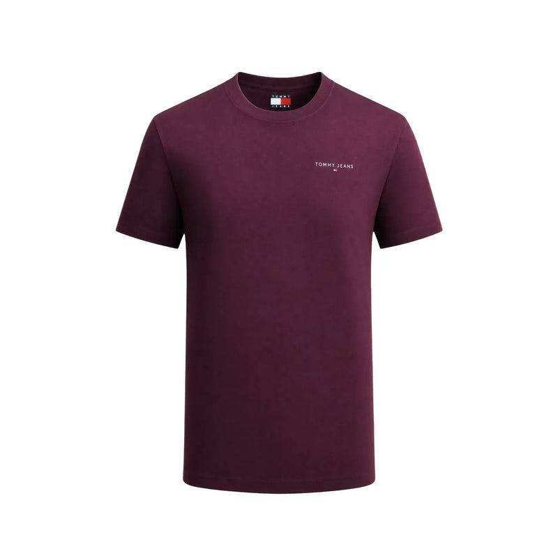 Maroon tommy hilfiger jeans men t-shirt with subtle white chest logo and matching brand tag at the collar