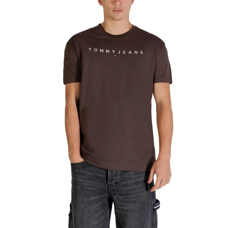 Brown Tommy Hilfiger Jeans men t-shirt with white logo across the chest in casual cotton fabric