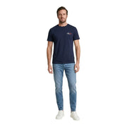 Navy blue Tommy Hilfiger Jeans men t-shirt with small embroidered logos on left chest and sleeve