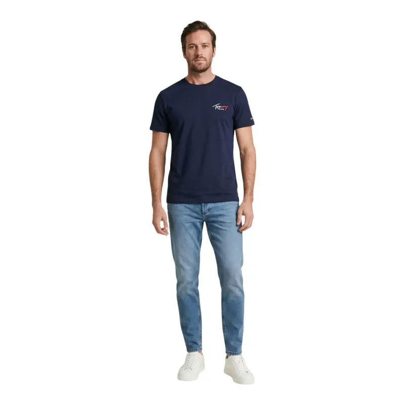 Navy blue Tommy Hilfiger Jeans men t-shirt with small embroidered logos on left chest and sleeve