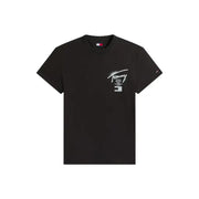 Jeans noirs Tommy Hilfiger pour hommes t-shirt avec un logo graphique blanc sur la poitrine et une petite étiquette drapeau au col