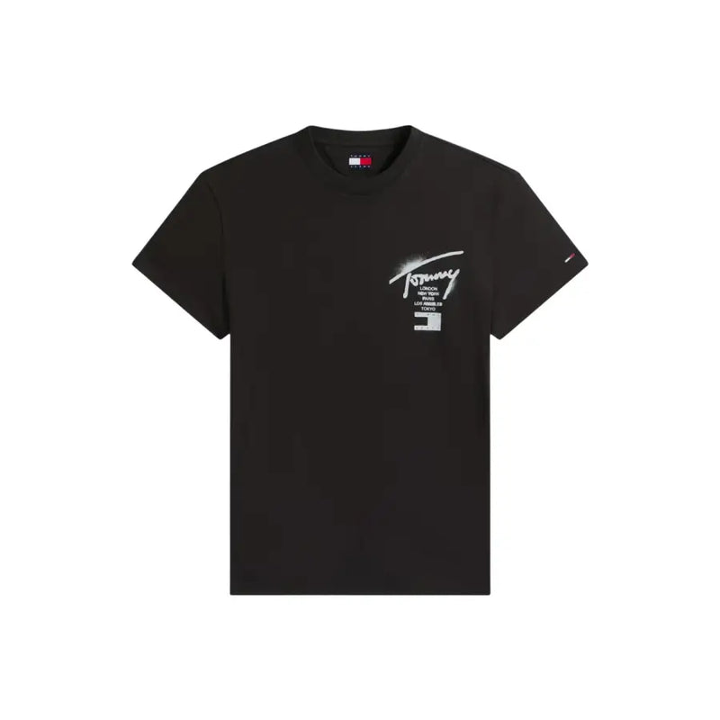 Jeans noirs Tommy Hilfiger pour hommes t-shirt avec un logo graphique blanc sur la poitrine et une petite étiquette drapeau au col