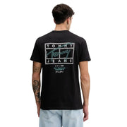 Arrière d'un jean noir Tommy Hilfiger pour homme t-shirt avec un logo rétro turquoise et blanc en tissu de coton
