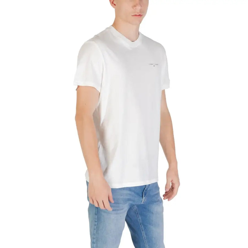 Weiß Tommy Hilfiger kurzärmeliges Baumwollhemd t-shirt mit dezentem Logo auf der Brust für Herren von Tommy Hilfiger Jeans