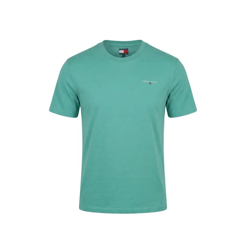 Teal tommy hilfiger jeans men t-shirt with short sleeves embroidered logo and classic crew neck design