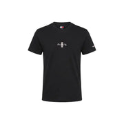 Noir Tommy Hilfiger Jeans hommes t-shirt avec l'inscription « New York City » en blanc et un emblème à rayures verticales sur la poitrine