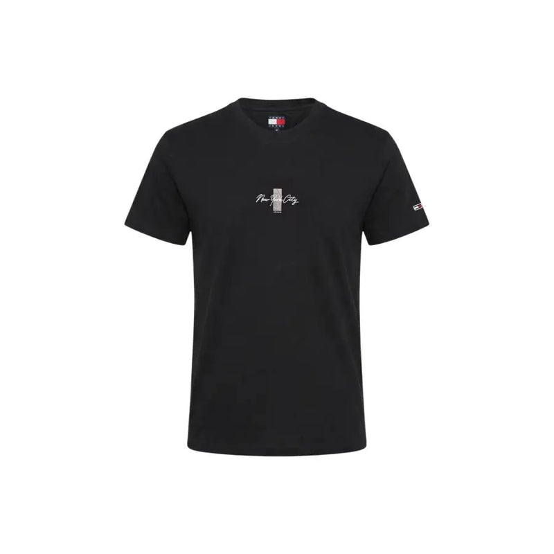 Noir Tommy Hilfiger Jeans hommes t-shirt avec l'inscription « New York City » en blanc et un emblème à rayures verticales sur la poitrine
