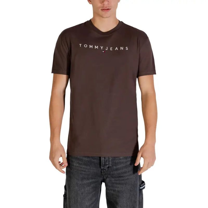 Brown Tommy Hilfiger Jeans men t-shirt with white logo and red white and blue flag emblem on the chest