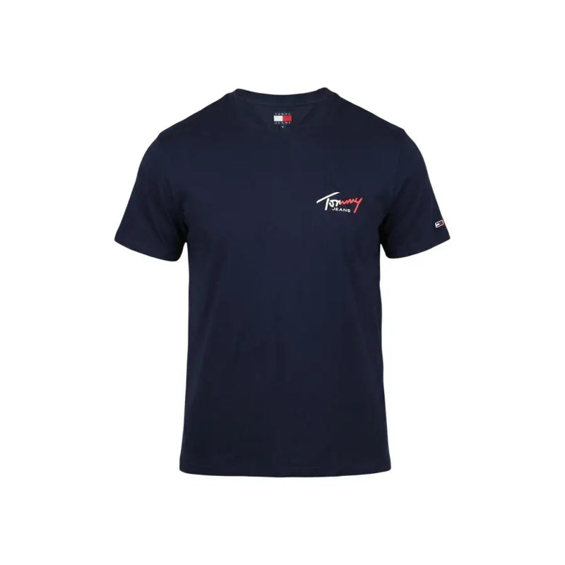 Navy blue Tommy Hilfiger Jeans men t-shirt with white and red embroidered logo on the chest