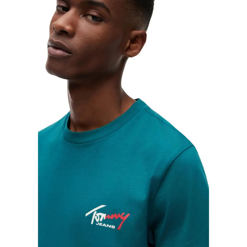 Türkisfarbener Baumwollpullover mit Rundhalsausschnitt t-shirt mit Weiß und Rot Tommy Hilfiger Jeans Logostickerei für Herren